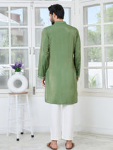 Green Embossed Printed Cotton Chanderi Straight Kurta