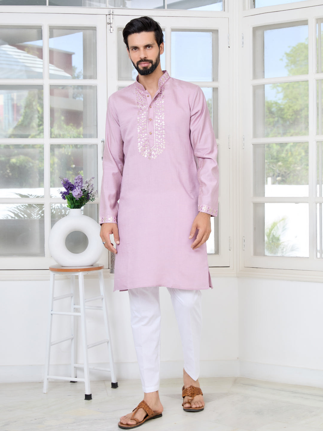Purple Sequins Embroidered Chanderi Straight Kurta with Yoke Design