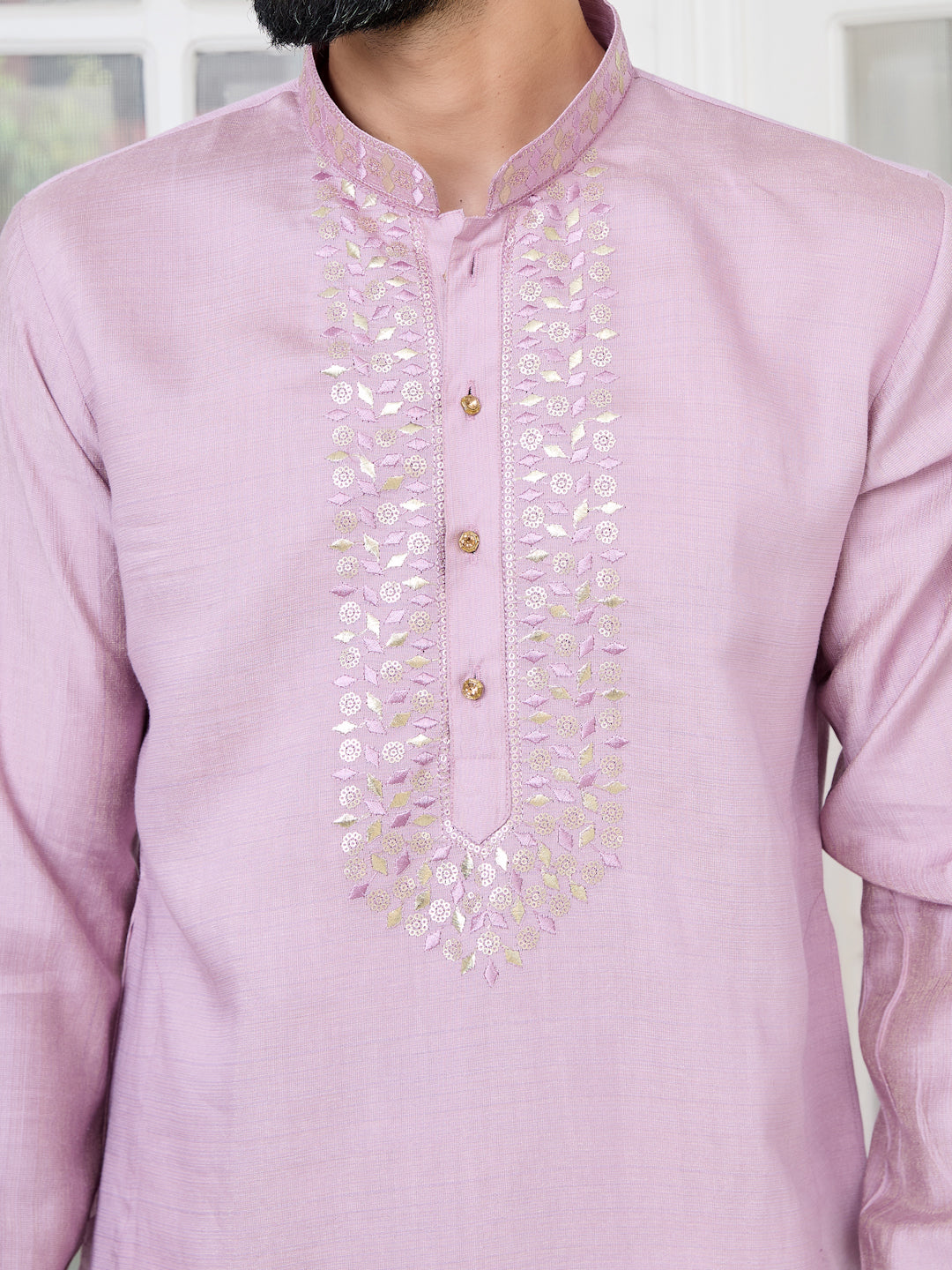 Purple Sequins Embroidered Chanderi Straight Kurta with Yoke Design