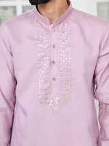 Purple Sequins Embroidered Chanderi Straight Kurta with Yoke Design