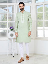 Pastel Green Thread worked Chanderi Straight Kurta with Yoke Design