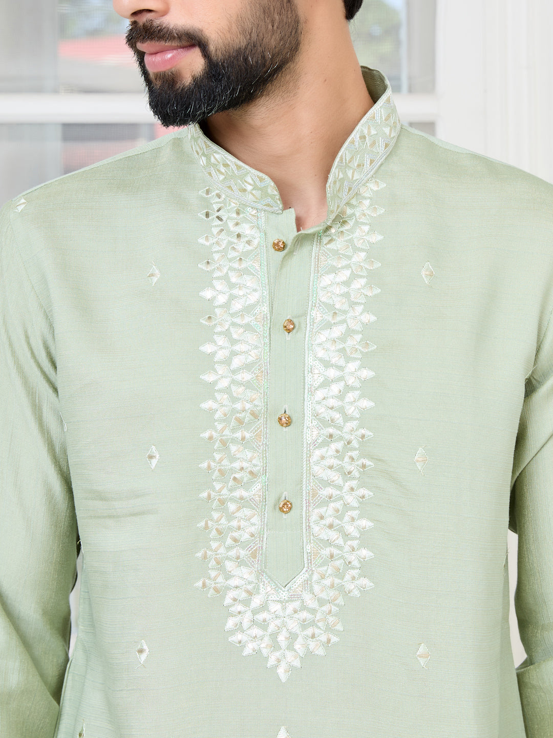 Pastel Green Thread worked Chanderi Straight Kurta with Yoke Design