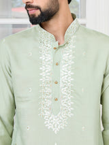 Pastel Green Thread worked Chanderi Straight Kurta with Yoke Design