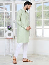 Pastel Green Thread worked Chanderi Straight Kurta with Yoke Design