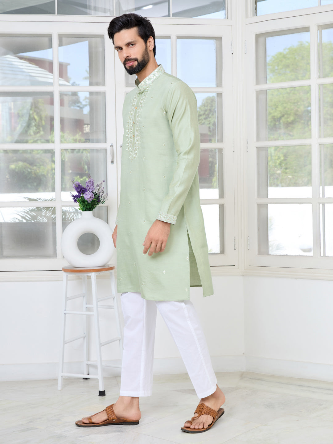 Pastel Green Thread worked Chanderi Straight Kurta with Yoke Design