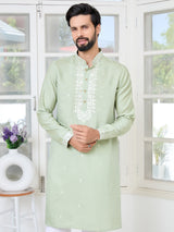 Pastel Green Thread worked Chanderi Straight Kurta with Yoke Design