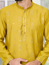 Mustard Sequins Embroidered Chanderi Straight Kurta