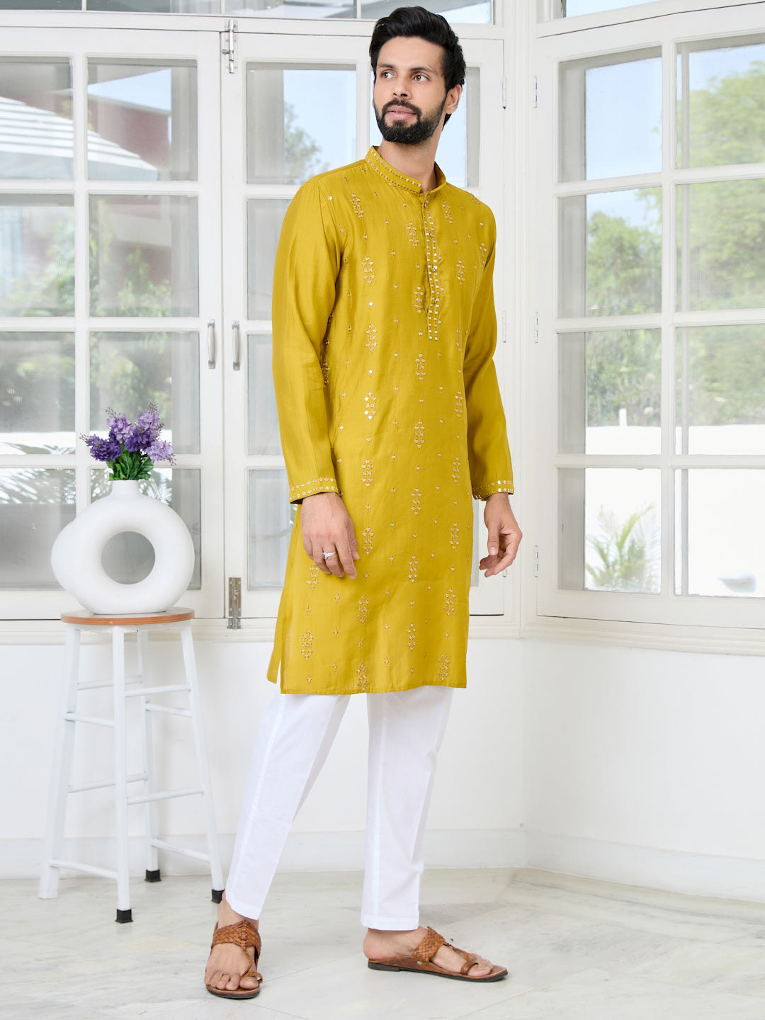Mustard Sequins Embroidered Chanderi Straight Kurta