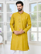 Mustard Sequins Embroidered Chanderi Straight Kurta