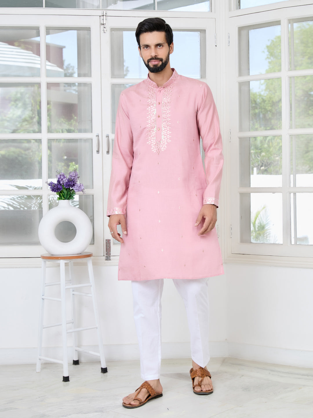 Pastel Pink Thread worked Chanderi Straight Kurta with Yoke Design