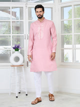 Pastel Pink Thread worked Chanderi Straight Kurta with Yoke Design