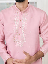 Pastel Pink Thread worked Chanderi Straight Kurta with Yoke Design