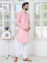 Pastel Pink Thread worked Chanderi Straight Kurta with Yoke Design
