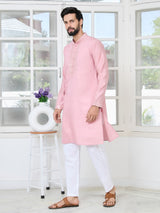 Pastel Pink Thread worked Chanderi Straight Kurta with Yoke Design