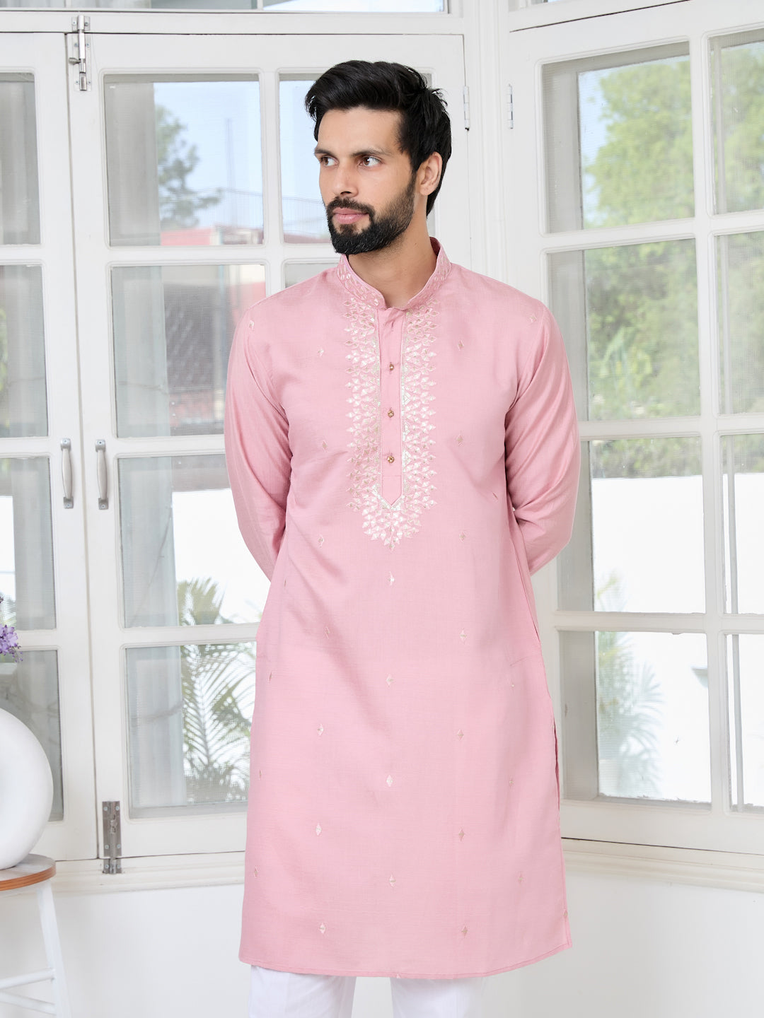 Pastel Pink Thread worked Chanderi Straight Kurta with Yoke Design