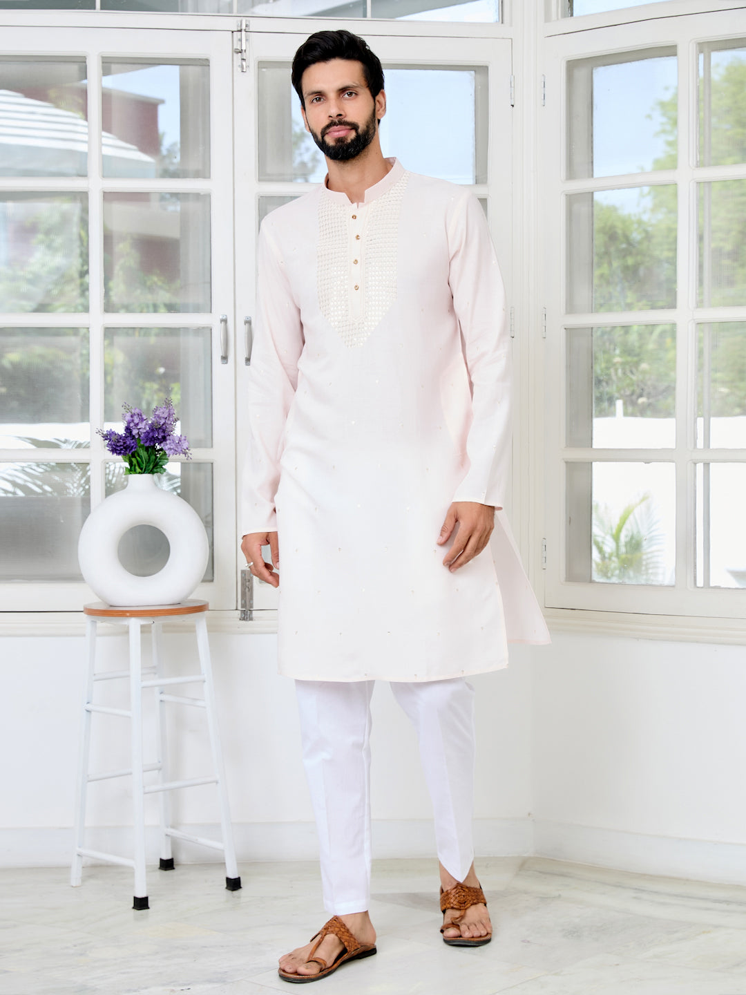 Light peach Sequins Embroidered Rayon Straight Kurta with Yoke Design