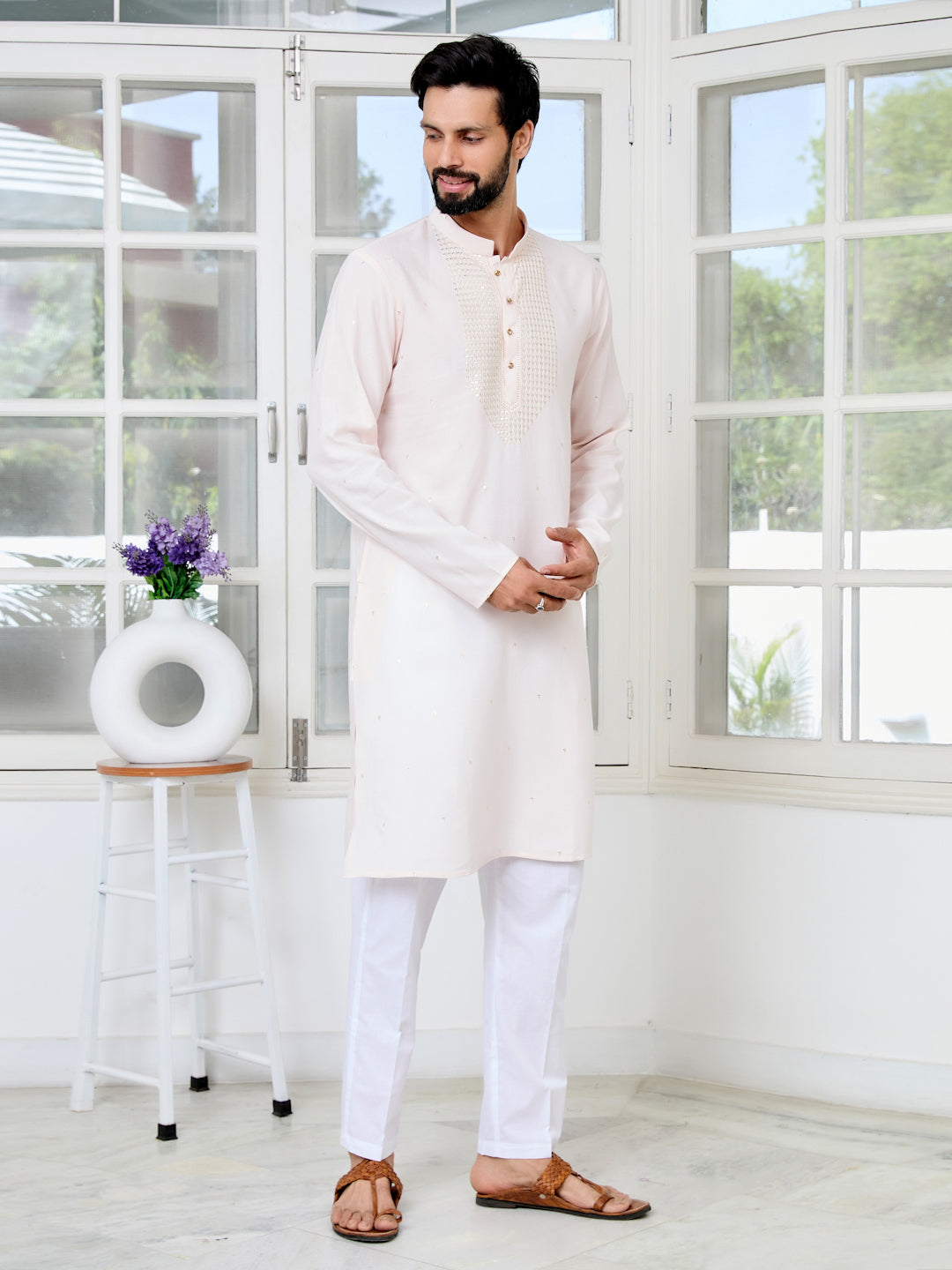Light peach Sequins Embroidered Rayon Straight Kurta with Yoke Design