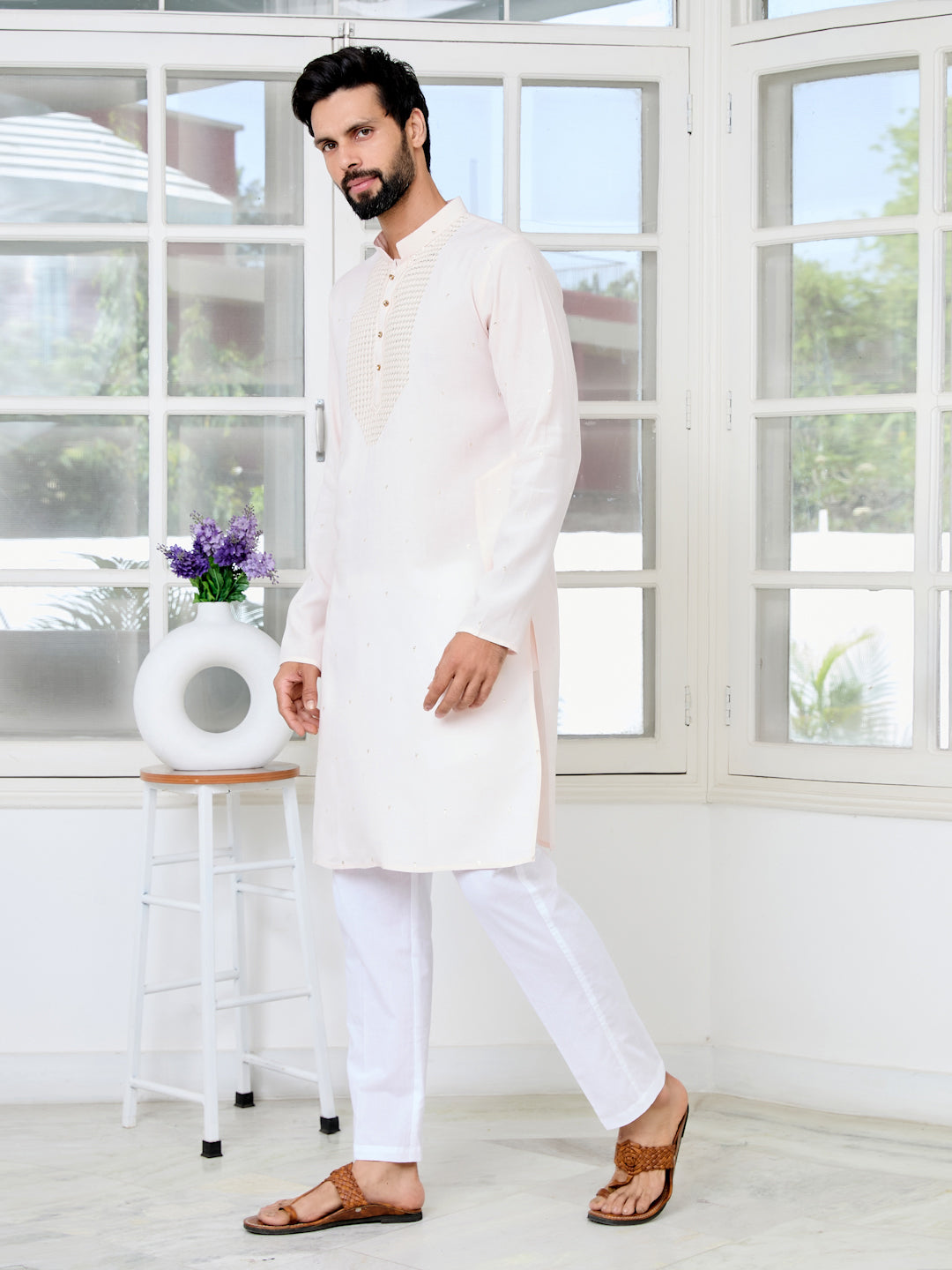 Light peach Sequins Embroidered Rayon Straight Kurta with Yoke Design