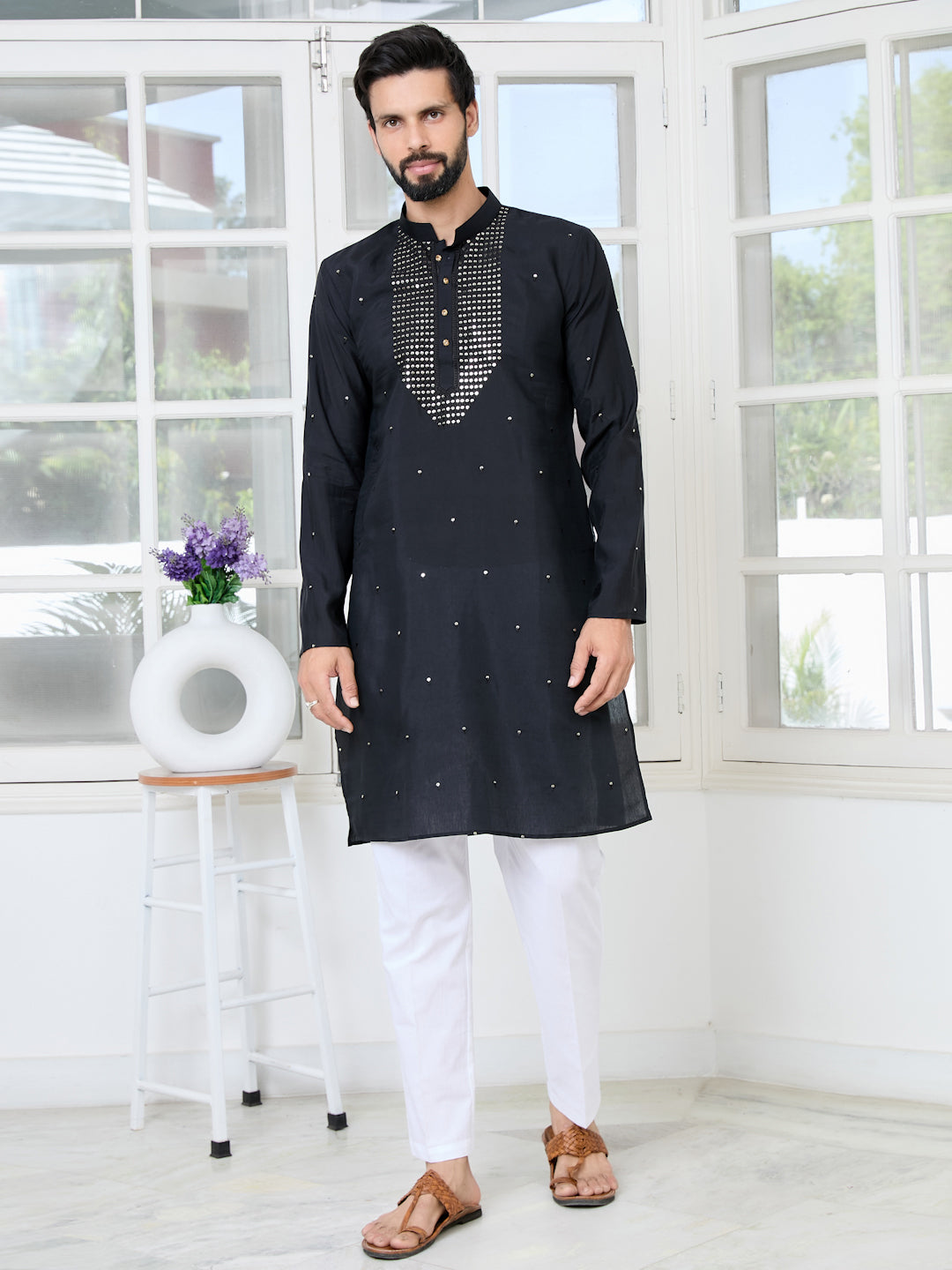 Black Sequins Embroidered Chanderi Straight Kurta with Yoke Design