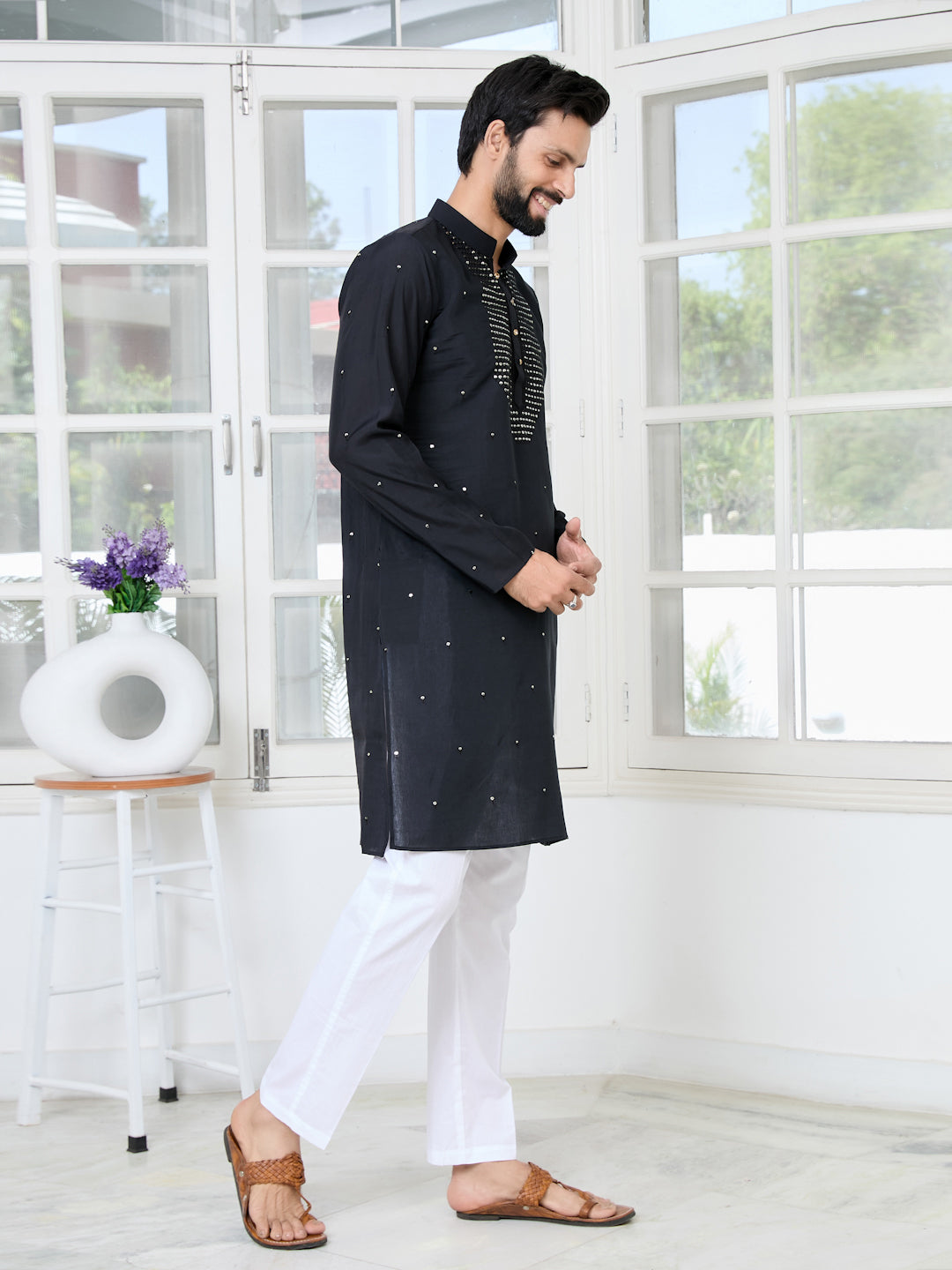 Black Sequins Embroidered Chanderi Straight Kurta with Yoke Design