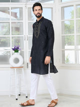 Black Sequins Embroidered Chanderi Straight Kurta with Yoke Design