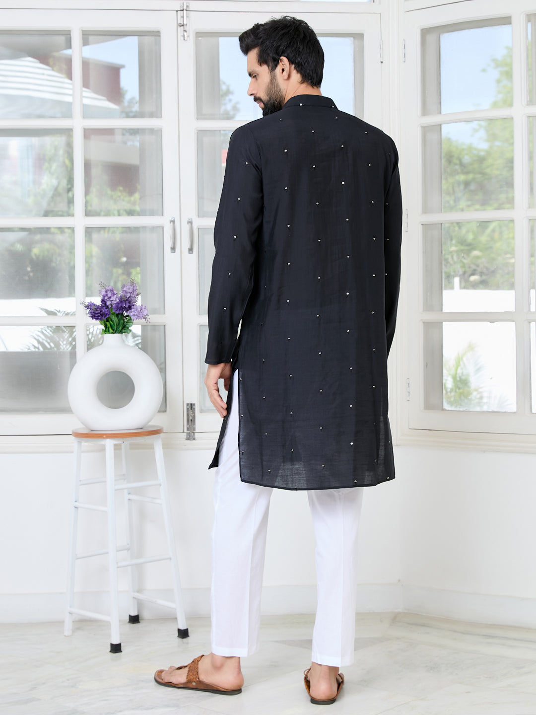 Black Sequins Embroidered Chanderi Straight Kurta with Yoke Design