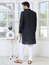 Black Sequins Embroidered Chanderi Straight Kurta with Yoke Design