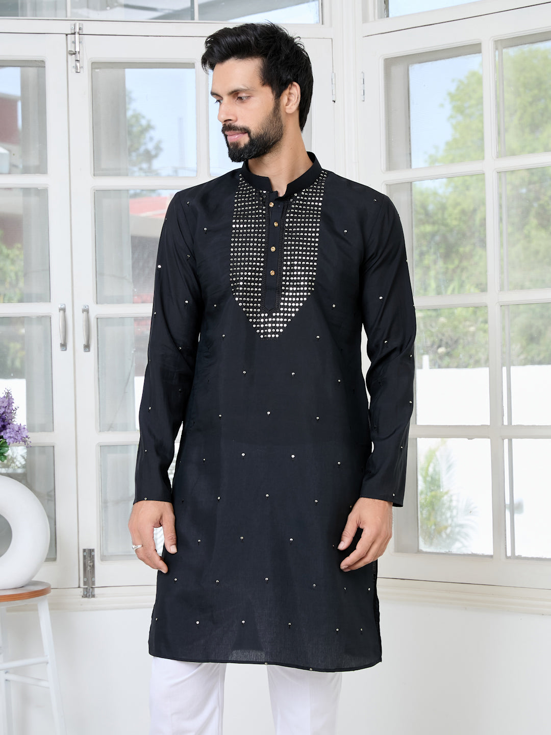 Black Sequins Embroidered Chanderi Straight Kurta with Yoke Design