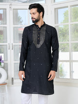 Black Sequins Embroidered Chanderi Straight Kurta with Yoke Design