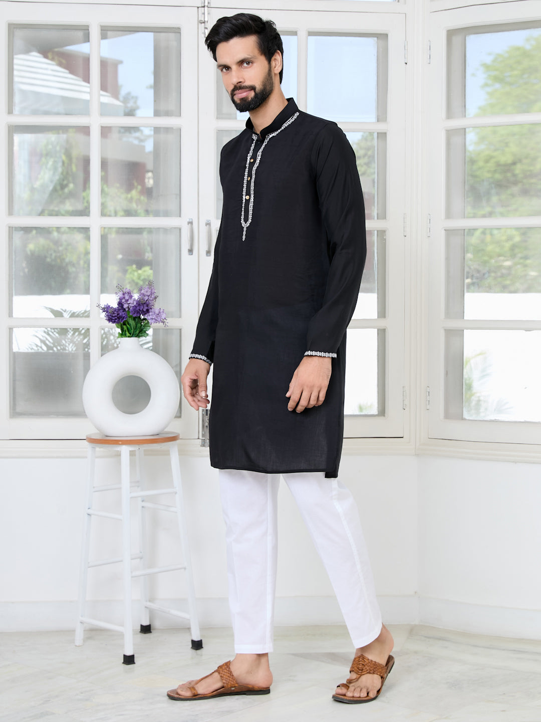 Black Chanderi Straight Kurta with Yoke Design