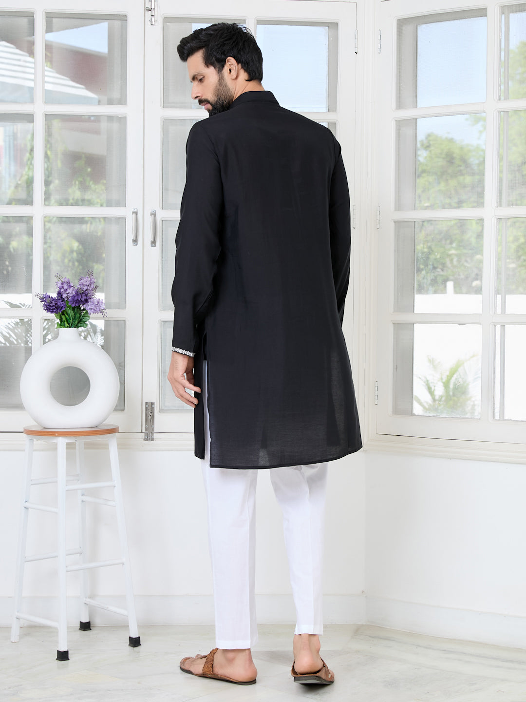 Black Chanderi Straight Kurta with Yoke Design