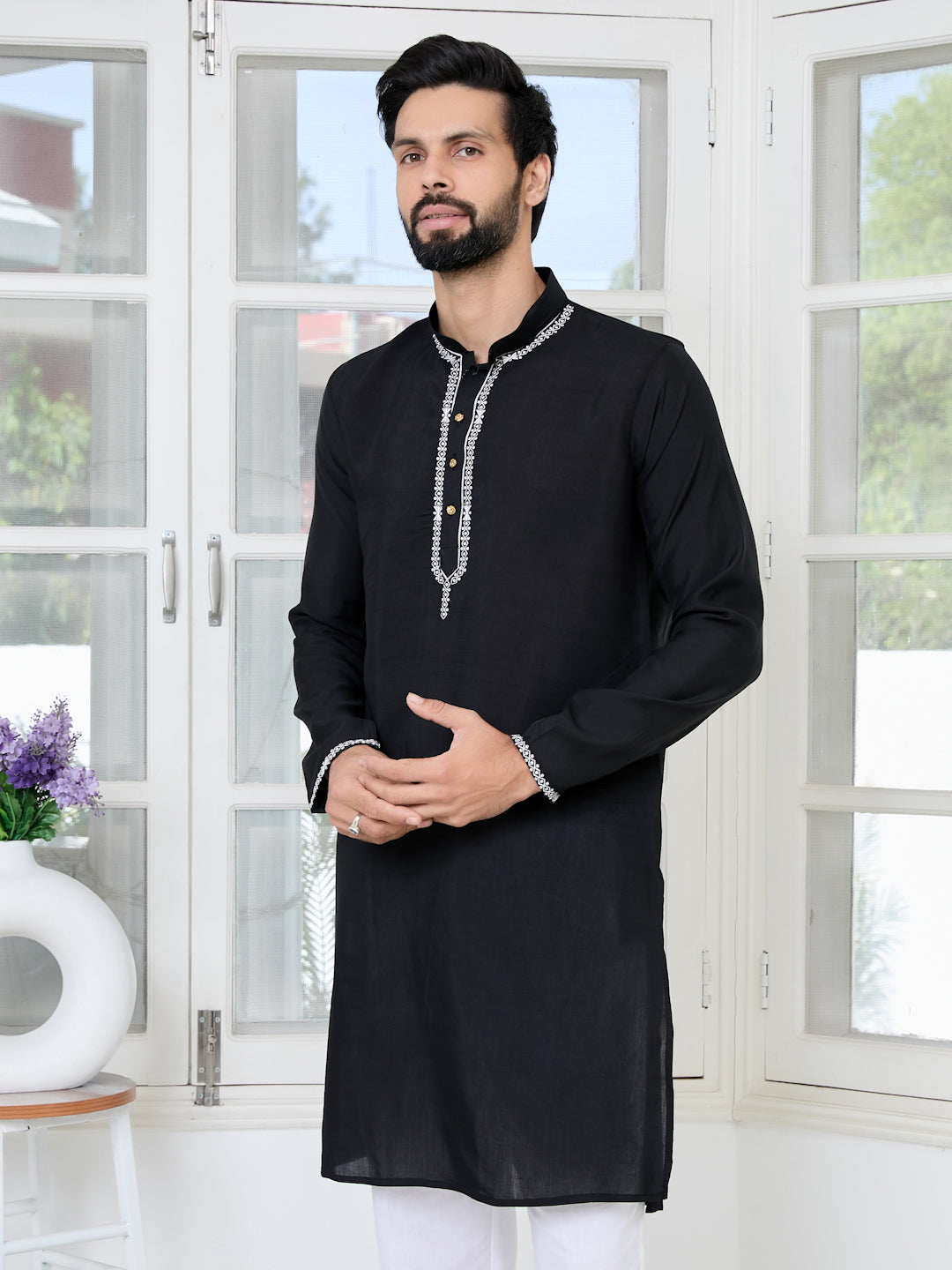 Black Chanderi Straight Kurta with Yoke Design