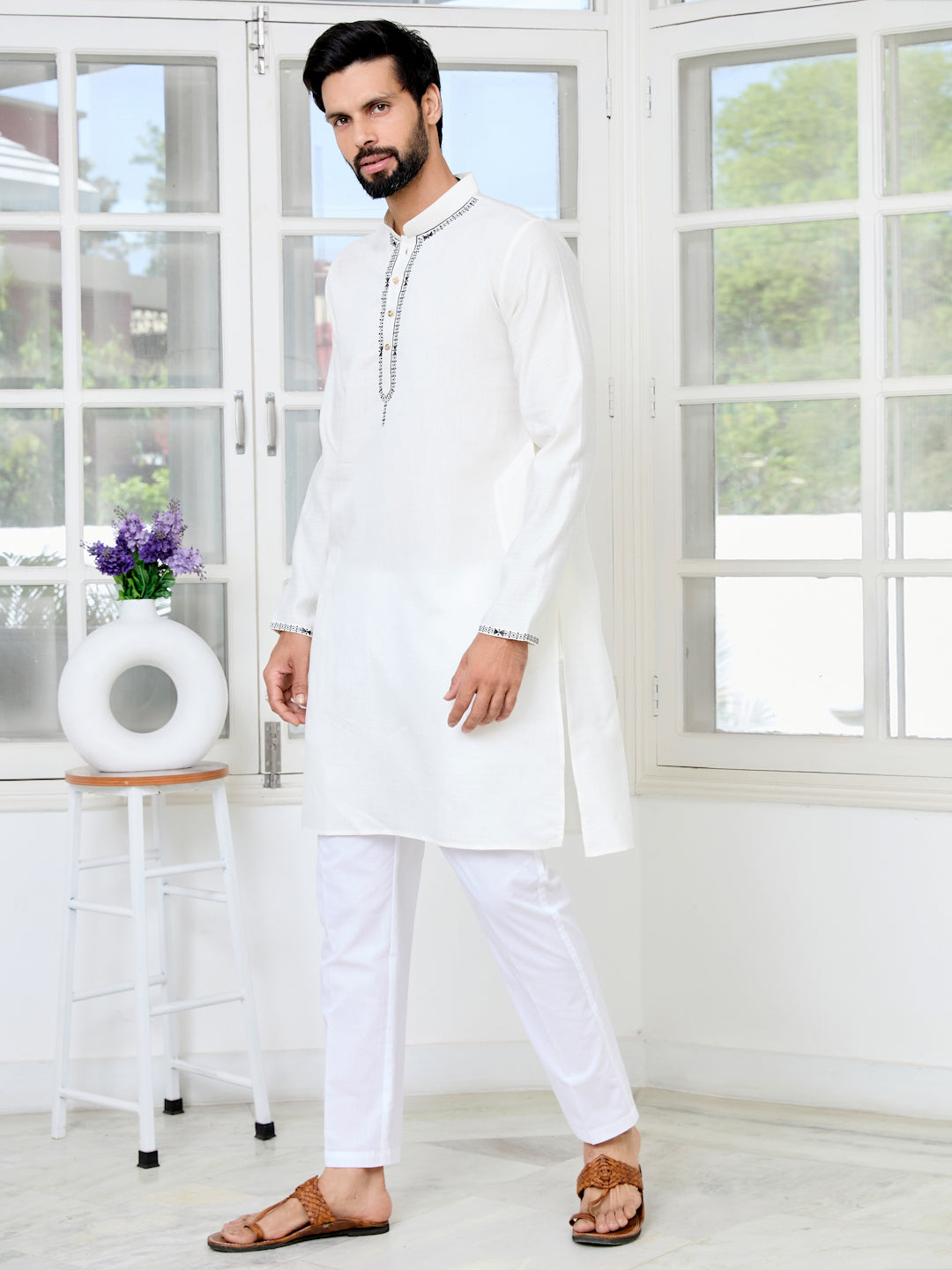 Off-White Chanderi Straight Kurta with Yoke Design