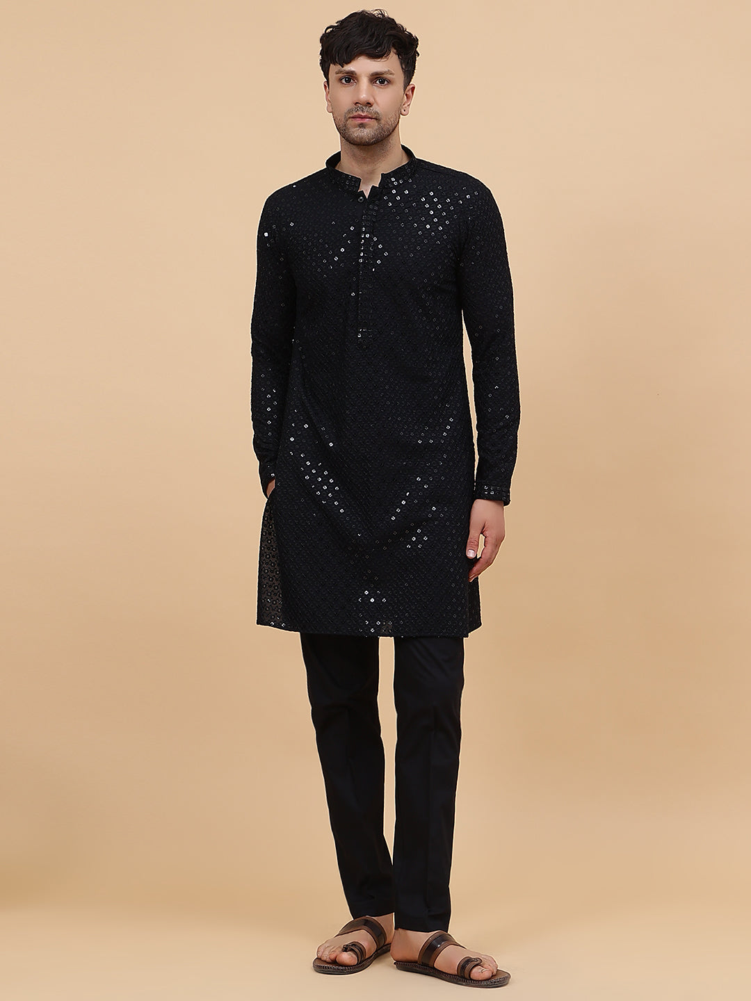 Men Black Floral Embroidered Sequins Rayon Kurta With Black pyjama