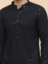 Men Black Floral Embroidered Sequin Rayon Kurta