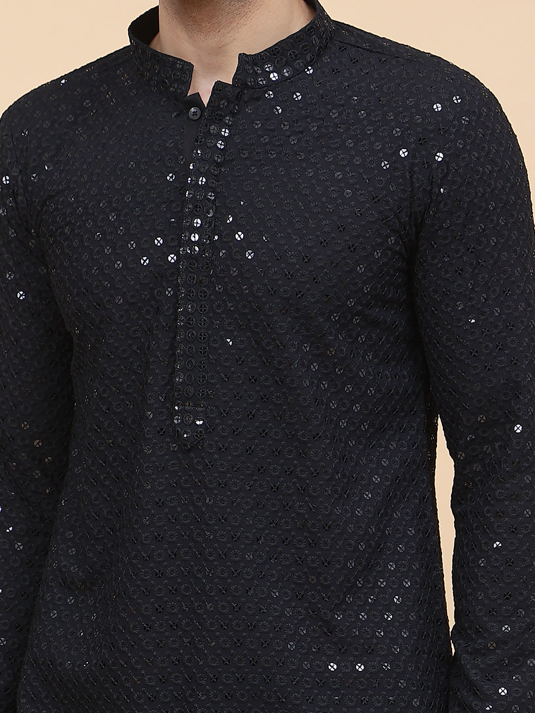 Men Black Floral Embroidered Sequins Rayon Kurta With Black pyjama