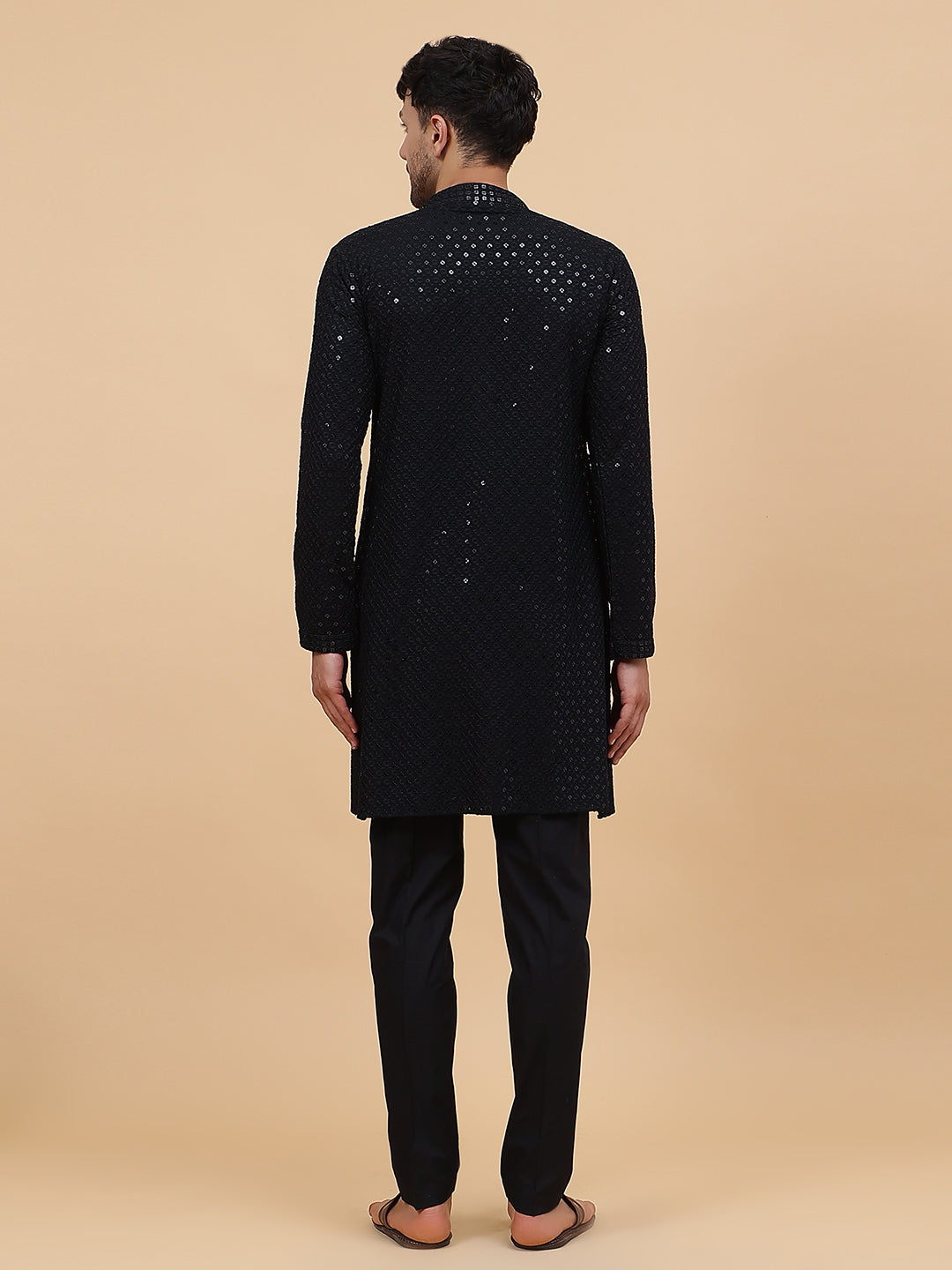 Men Black Floral Embroidered Sequin Rayon Kurta