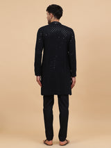 Men Black Floral Embroidered Sequin Rayon Kurta