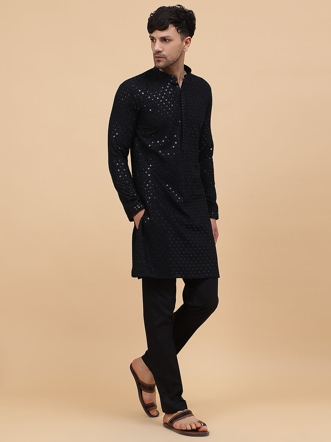 Men Black Floral Embroidered Sequin Rayon Kurta
