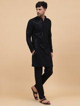 Men Black Floral Embroidered Sequin Rayon Kurta