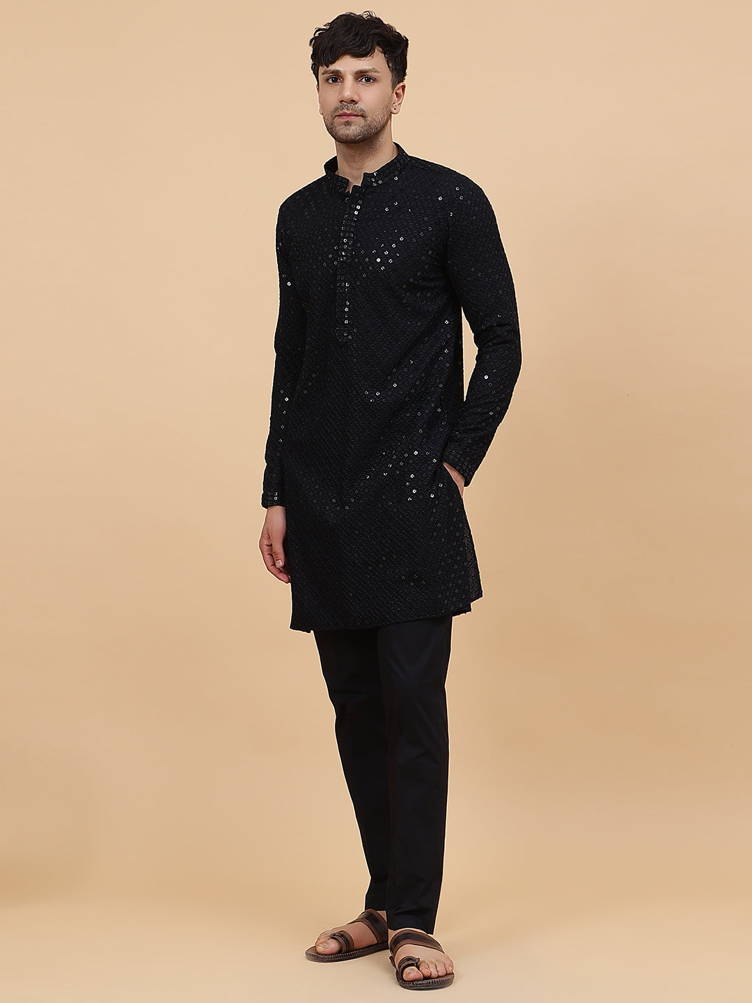 Men Black Floral Embroidered Sequins Rayon Kurta With Black pyjama