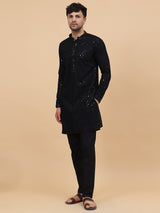 Men Black Floral Embroidered Sequins Rayon Kurta With Black pyjama