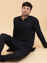 Men Black Floral Embroidered Sequin Rayon Kurta