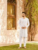 Men White Cotton Pintex Design Silver Thread Work & Sequence Kurta With Pyjama