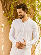 Men White Cotton Pintex Design Silver Thread Work & Sequence Kurta With Pyjama