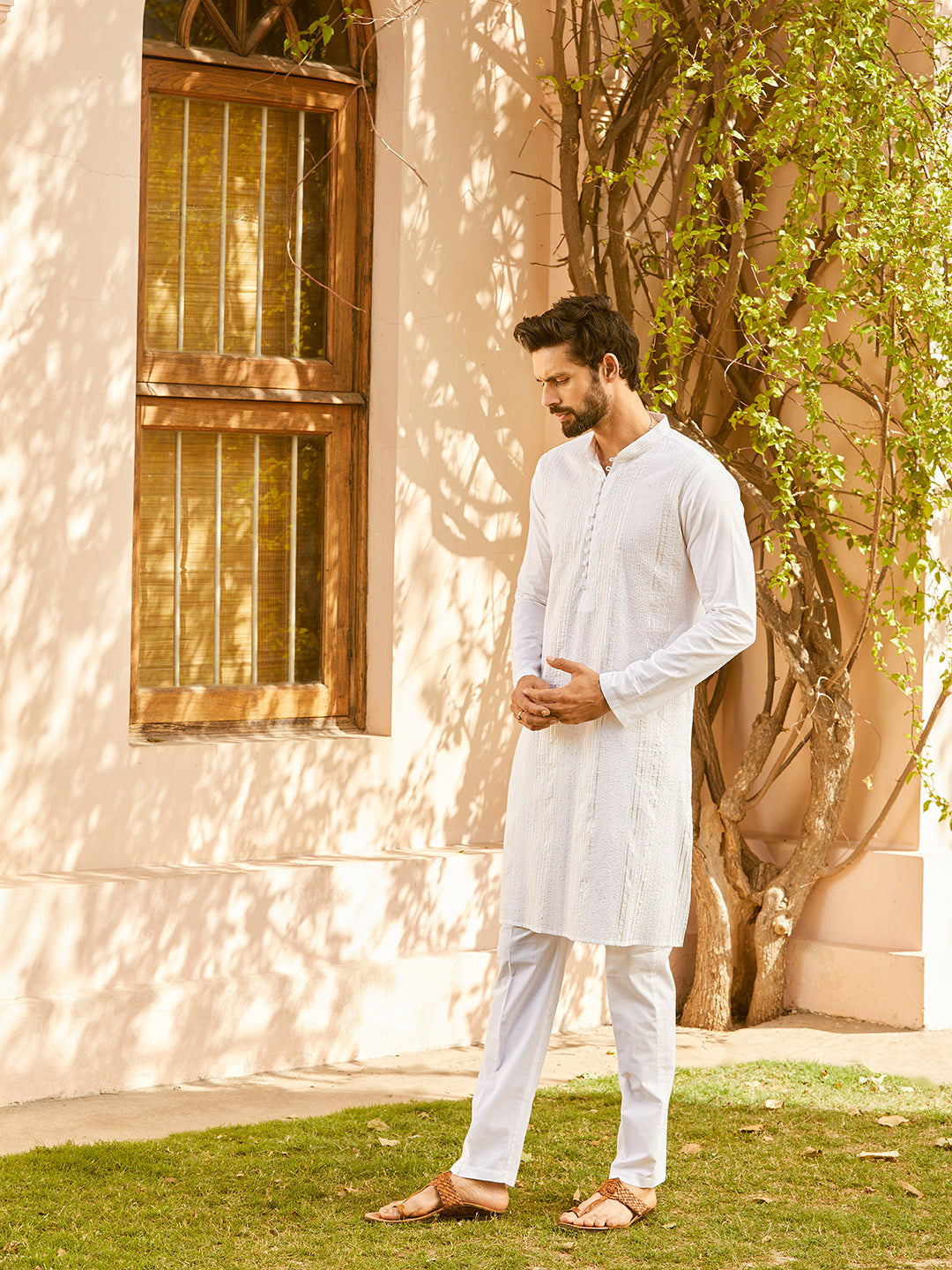 Men White Cotton Pintex Design Silver Thread Work & Sequence Kurta With Pyjama