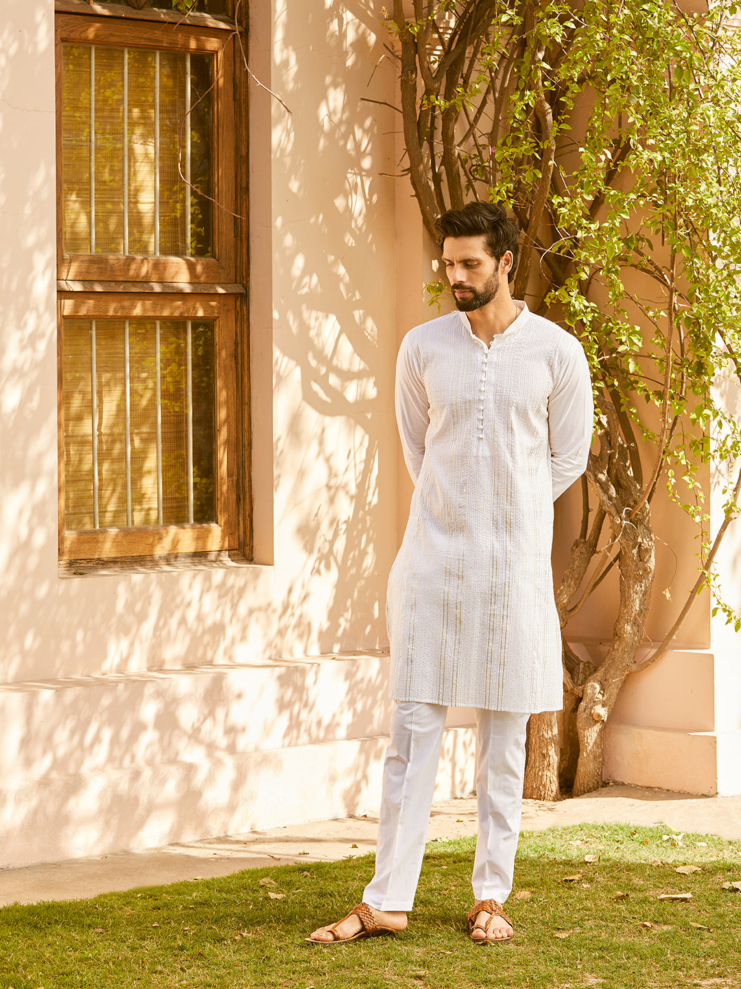 Men White Cotton Pintex Design Silver Thread Work & Sequence Kurta With Pyjama