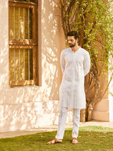 Men White Cotton Pintex Design Silver Thread Work & Sequence Kurta With Pyjama