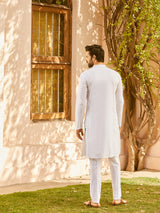 Men White Cotton Pintex Design Silver Thared Work & Sequence Kurta