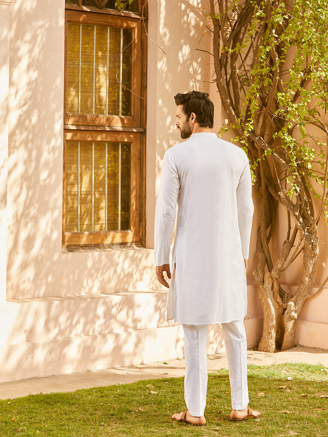 Men White Cotton Pintex Design Silver Thread Work & Sequence Kurta With Pyjama